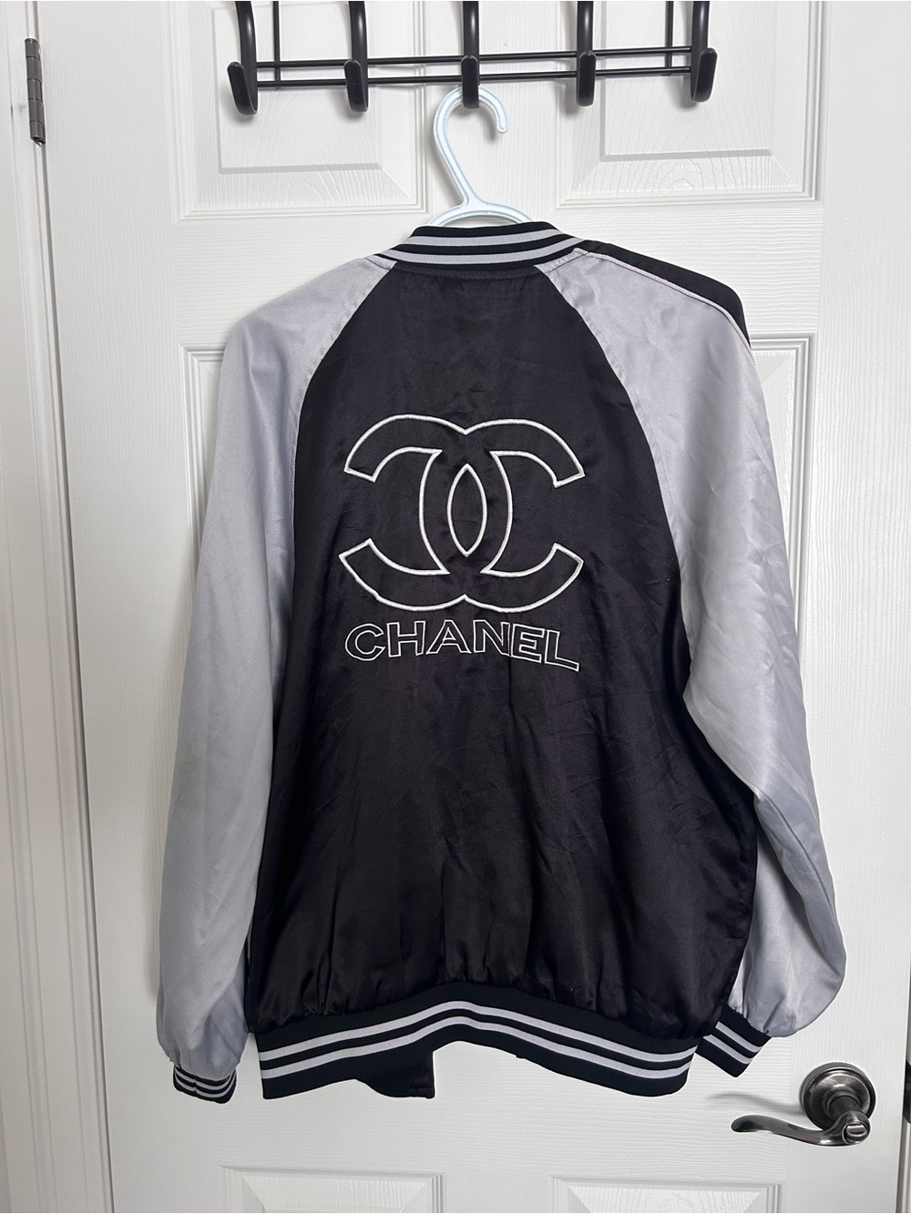 Chanel-Inspired Black and Light Gray Satin Bomber Jacket